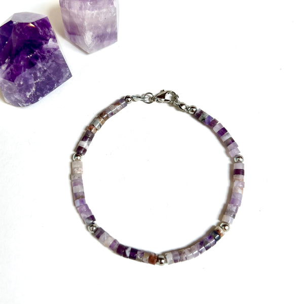 Amethyst Beaded Bracelet - Silver Beads