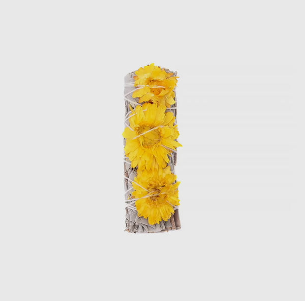 Sunrise Flower, Yellow Strawflower Floral Sage Wand